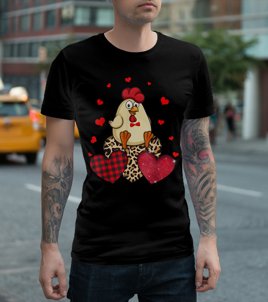 Cute Chicken with Leopard Print and Red Plaid Hearts T-Shirt