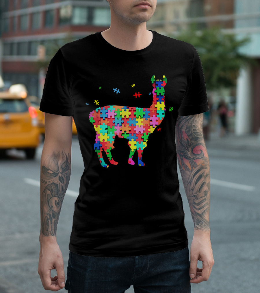 Autism Awareness Day Colorful Puzzle Piece Llama Voice T-Shirt