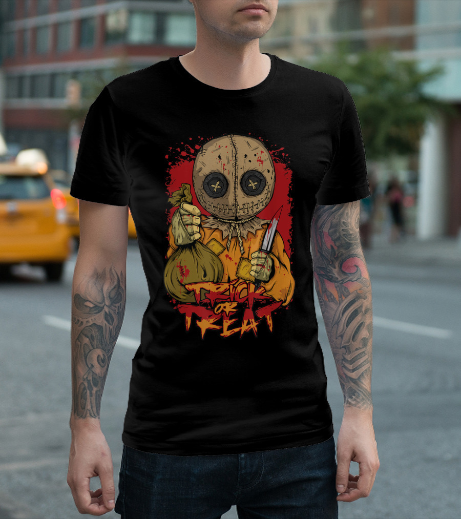 Trick or Treat Horror Ghost with Bag and Knife Halloween Scary T-Shirt