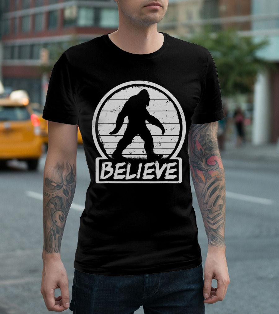 Believe Bigfoot Sasquatch Cryptid Sunset T-Shirt
