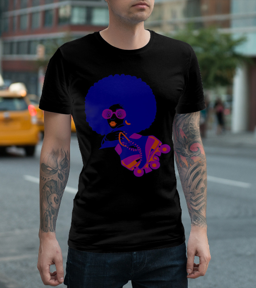 Funky 80s Woman With Afro Sunglasses and Roller Skates T-Shirt