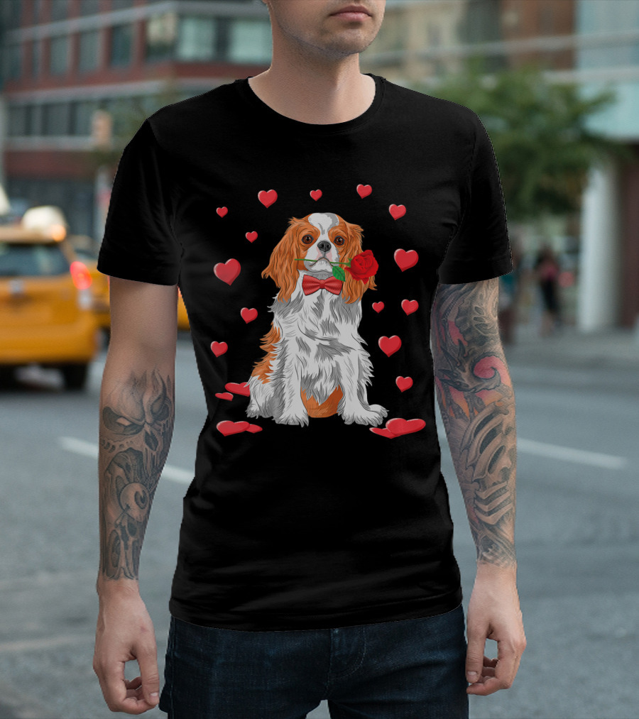 Cavalier King Charles Spaniel with Rose and Hearts T-Shirt