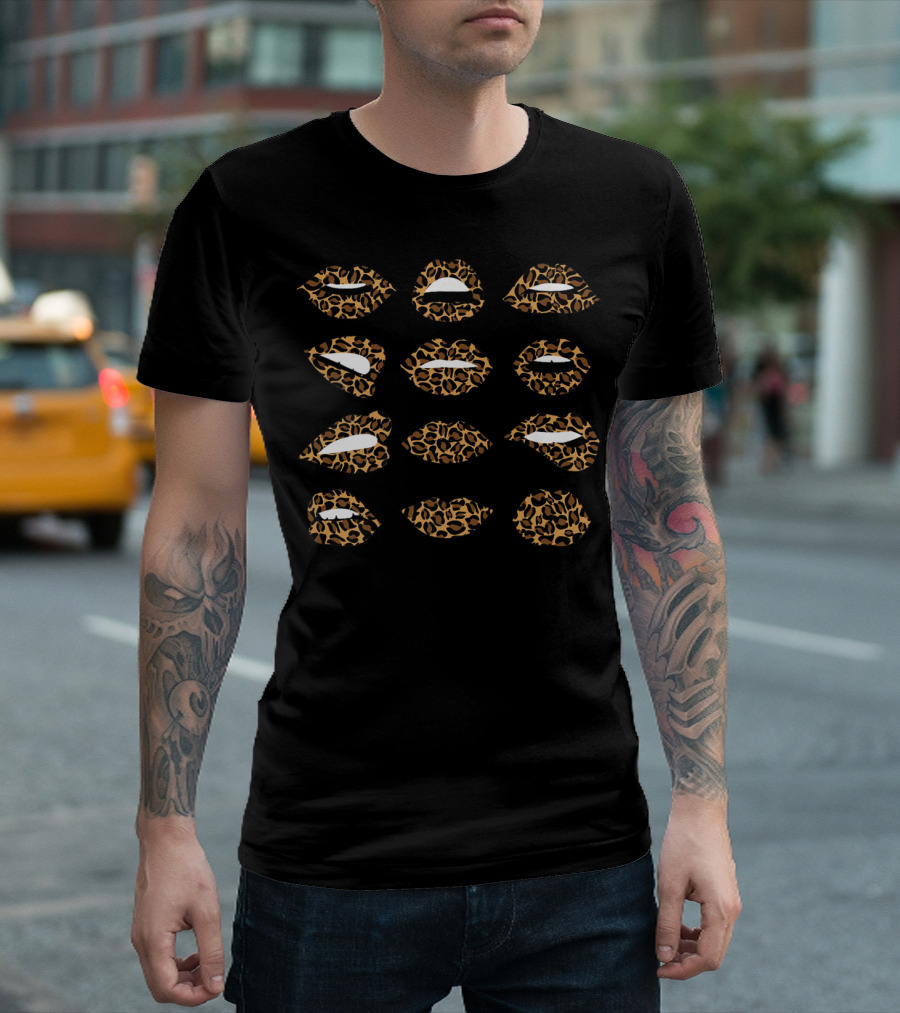 Leopard Print Lips with Tiedye Mood Expressions and Bite Tongue Out T-Shirt