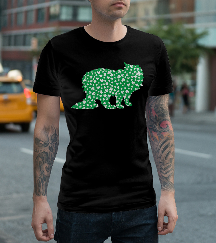 Ragamuffin Cat Silhouette With Shamrocks St Patrick's Day Pet Lovers T-Shirt