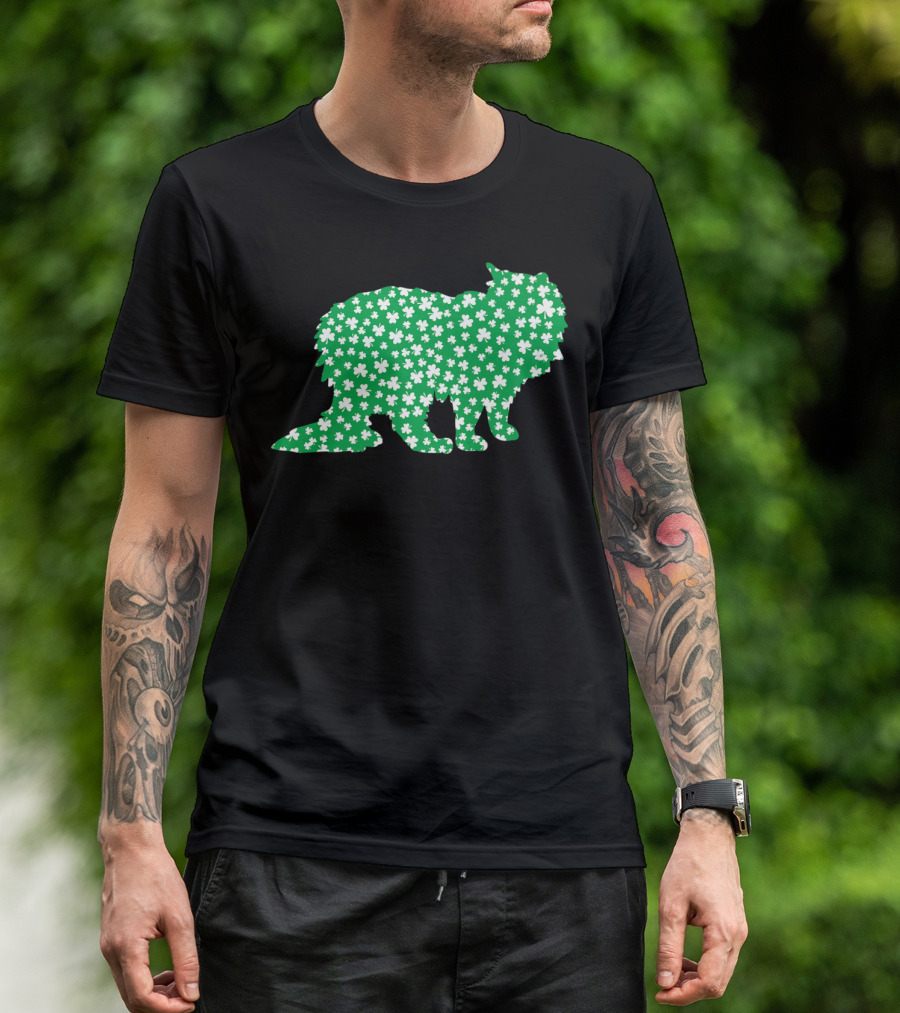 Ragamuffin Cat Silhouette With Shamrocks St Patrick's Day Pet Lovers T-Shirt