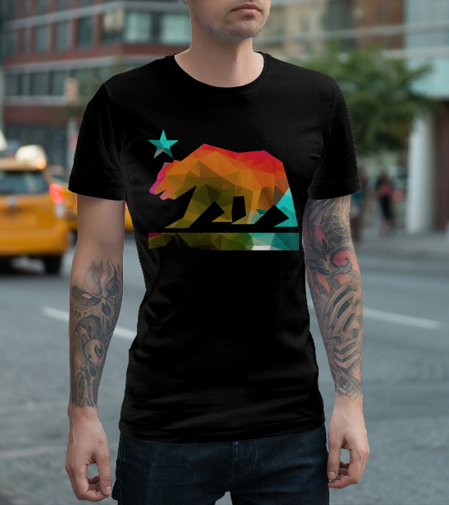 California Bear With Fractal Geometric Colors And Star T-Shirt