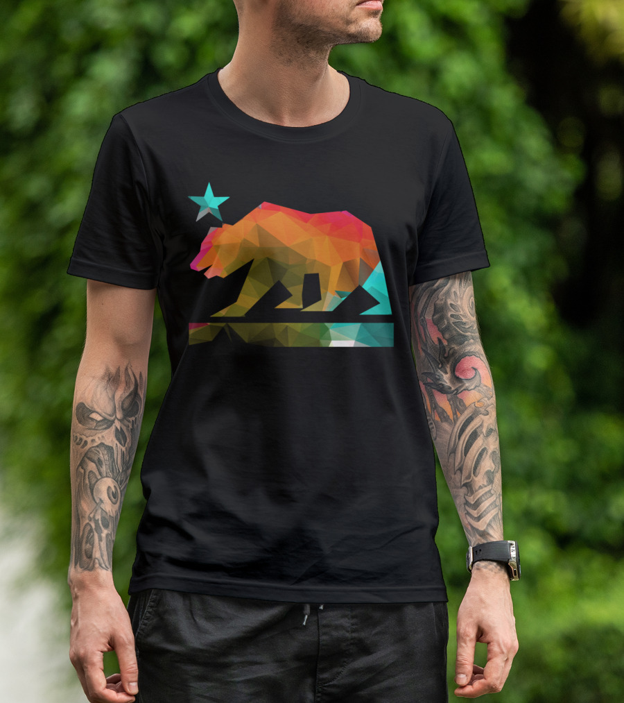California Bear With Fractal Geometric Colors And Star T-Shirt