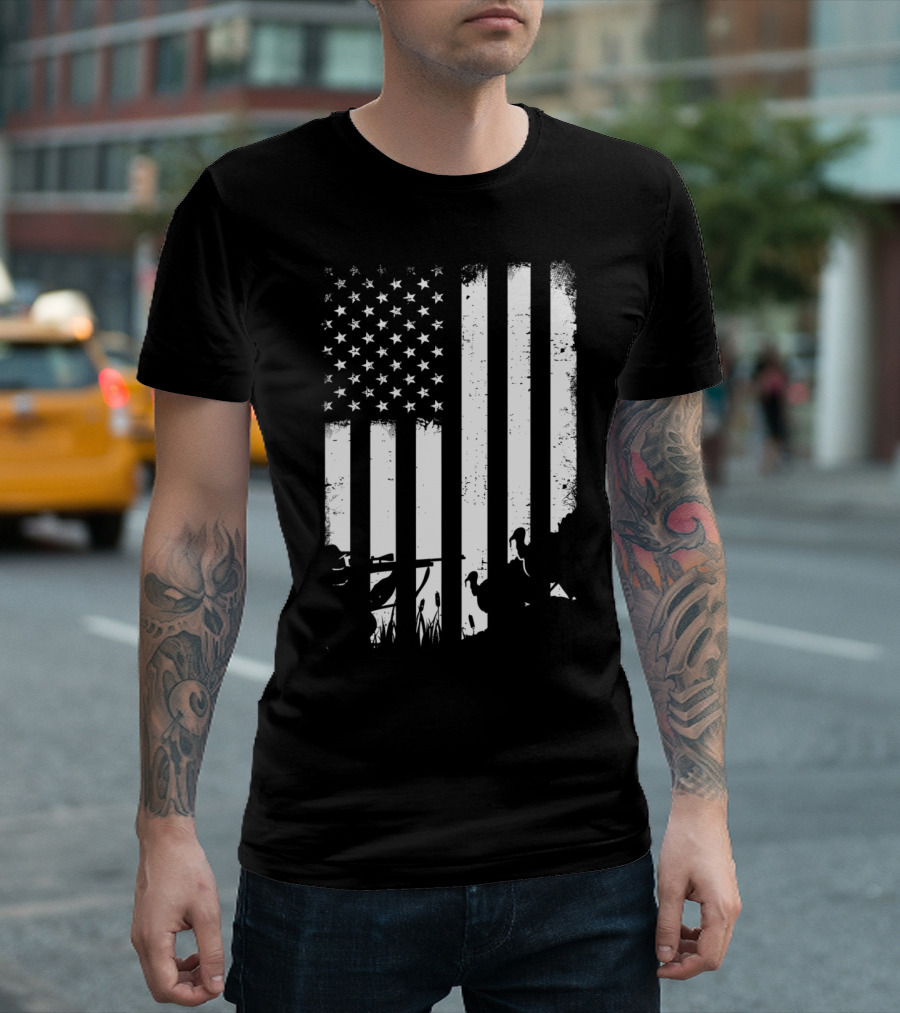 Distressed Vintage USA Flag with Turkey Hunting T-Shirt