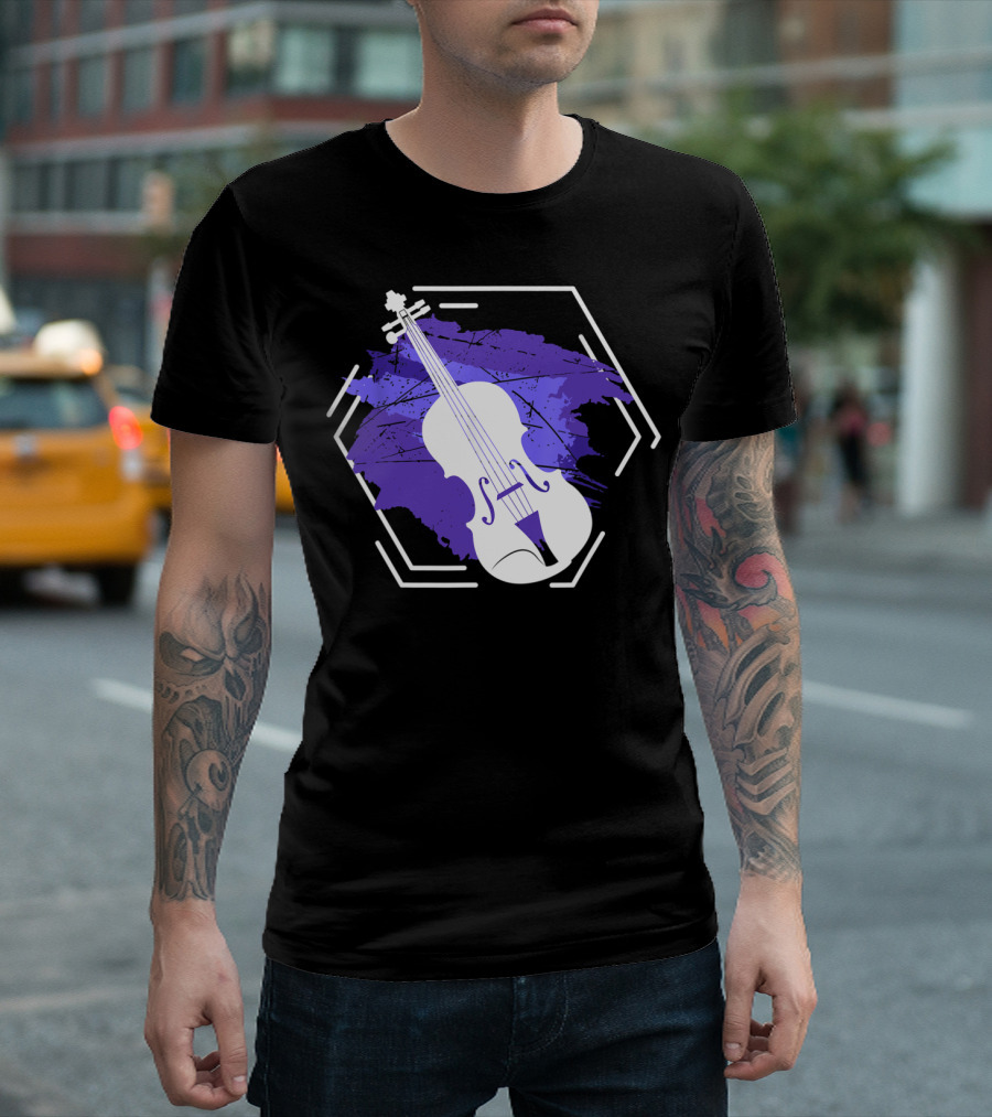 Cool Violin Fiddle Bow Strings Hexagonal Purple Brushstroke T-Shirt