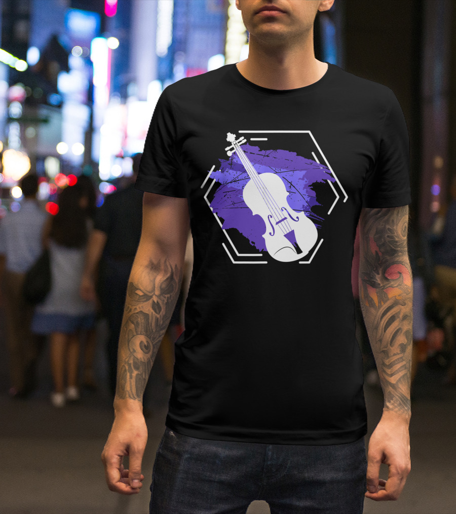 Cool Violin Fiddle Bow Strings Hexagonal Purple Brushstroke T-Shirt