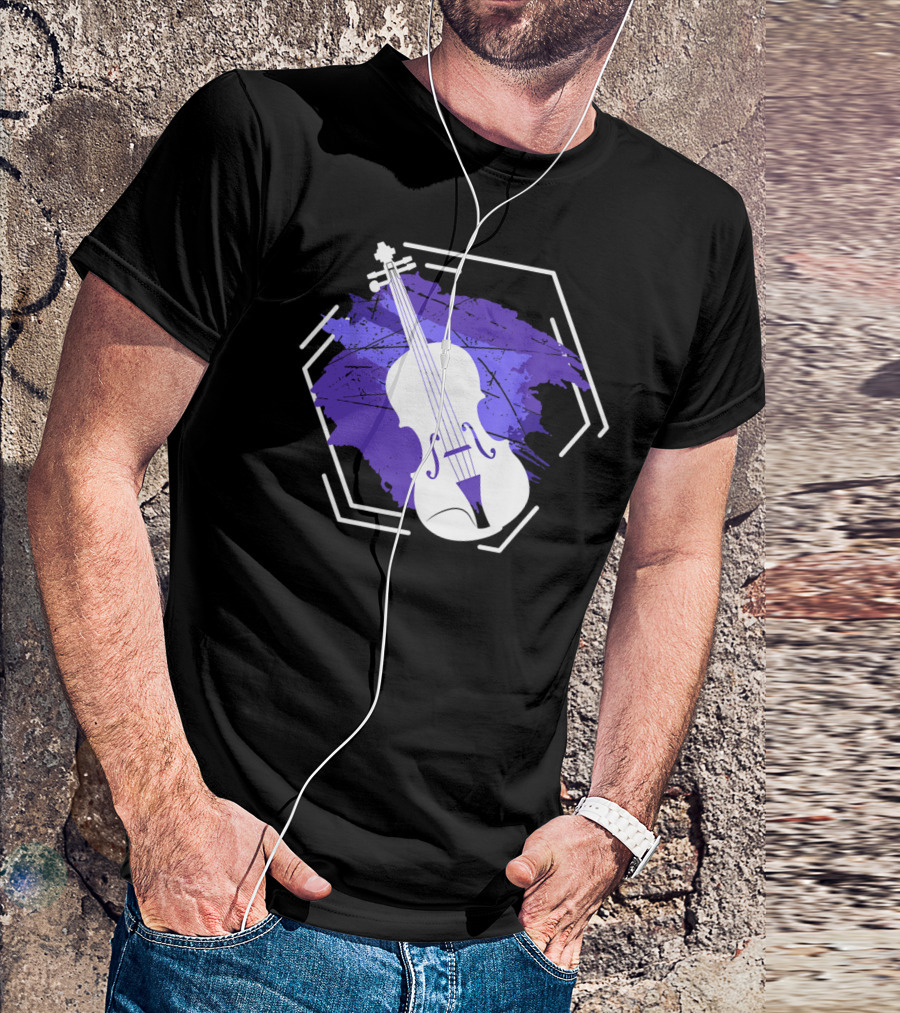 Cool Violin Fiddle Bow Strings Hexagonal Purple Brushstroke T-Shirt