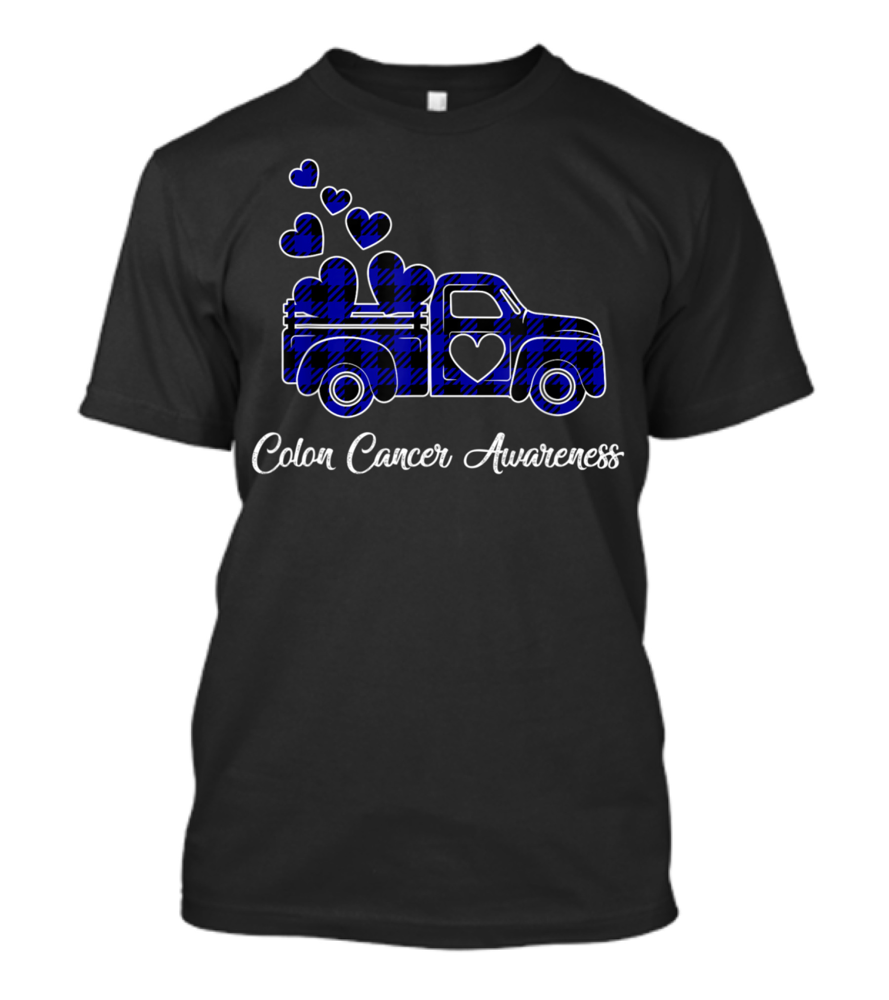 Colon Cancer Awareness Month Blue Plaid Heart Truck T-Shirt