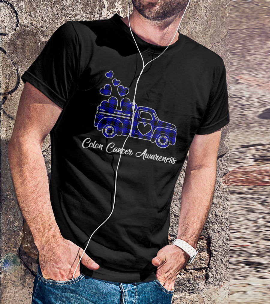 Colon Cancer Awareness Month Blue Plaid Heart Truck T-Shirt