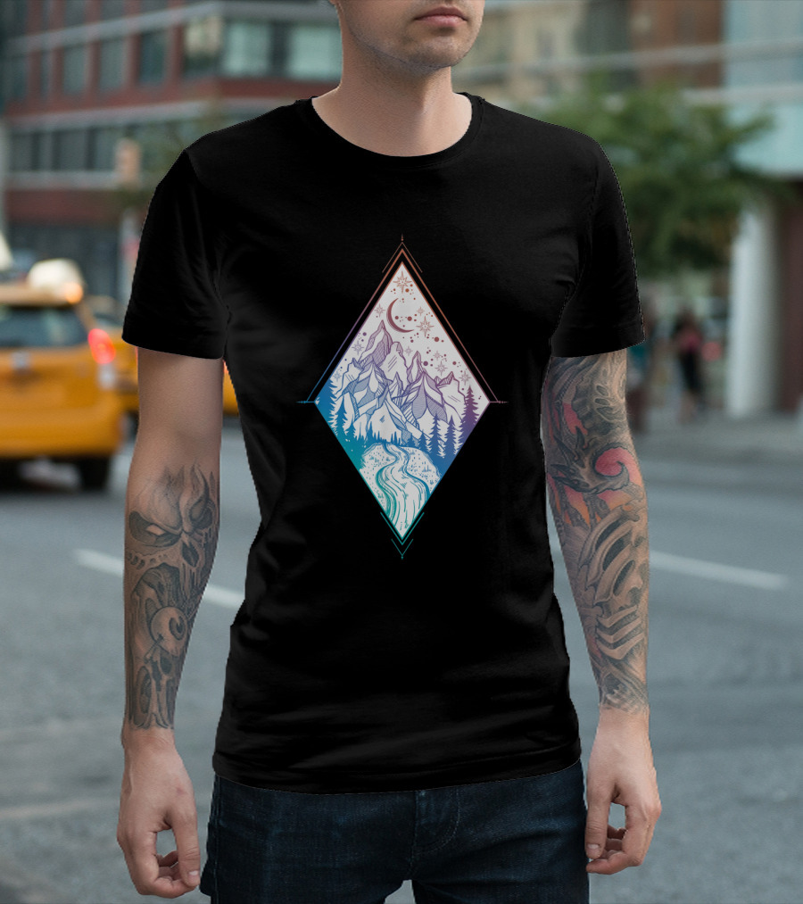 Hand Drawn Pine Forest Mountains Night Sky Diamond Shape T-Shirt