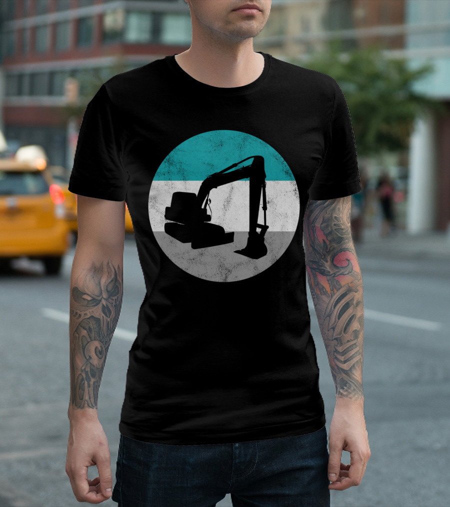 Excavator Construction Teal White Gray Circle Boys and Girls T-Shirt