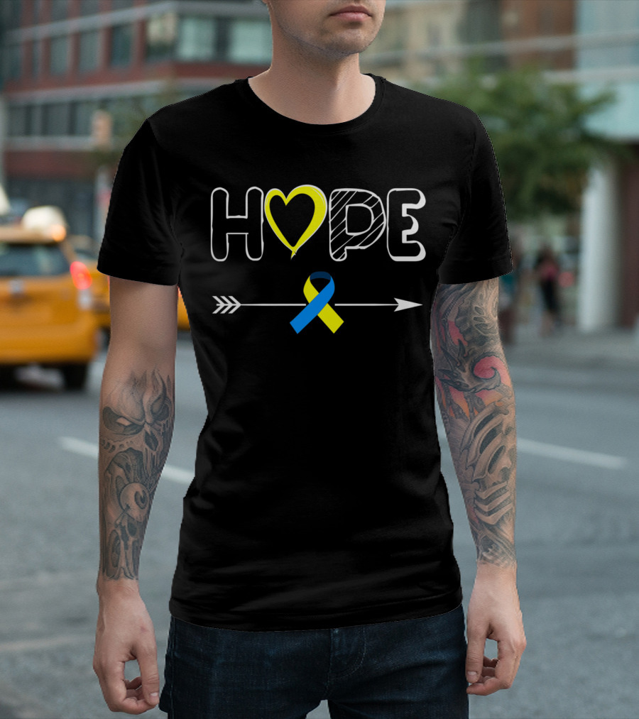 Hope Heart Yellow Blue Ribbon Arrow Trisomy 21 Down Syndrome Awareness T-Shirt