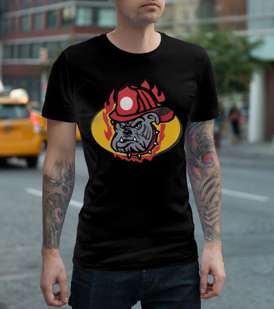 Firefighter Cartoon Fireman Bulldog Flames Fan T-Shirt