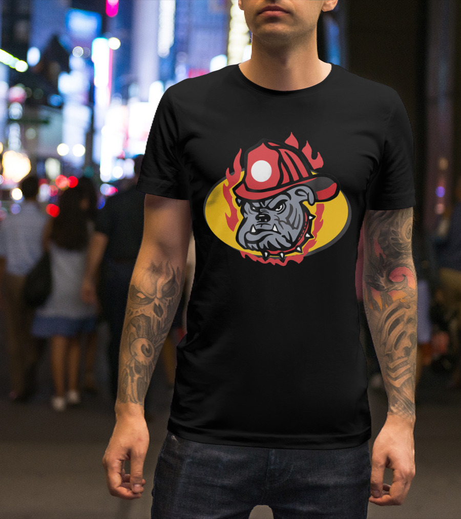Firefighter Cartoon Fireman Bulldog Flames Fan T-Shirt