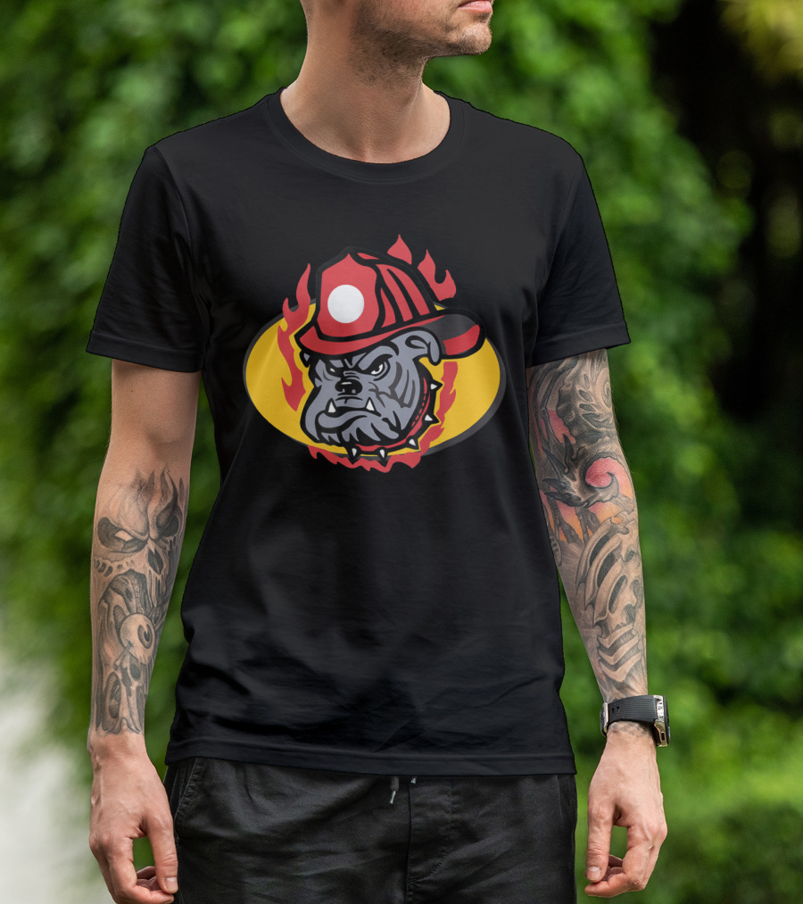Firefighter Cartoon Fireman Bulldog Flames Fan T-Shirt