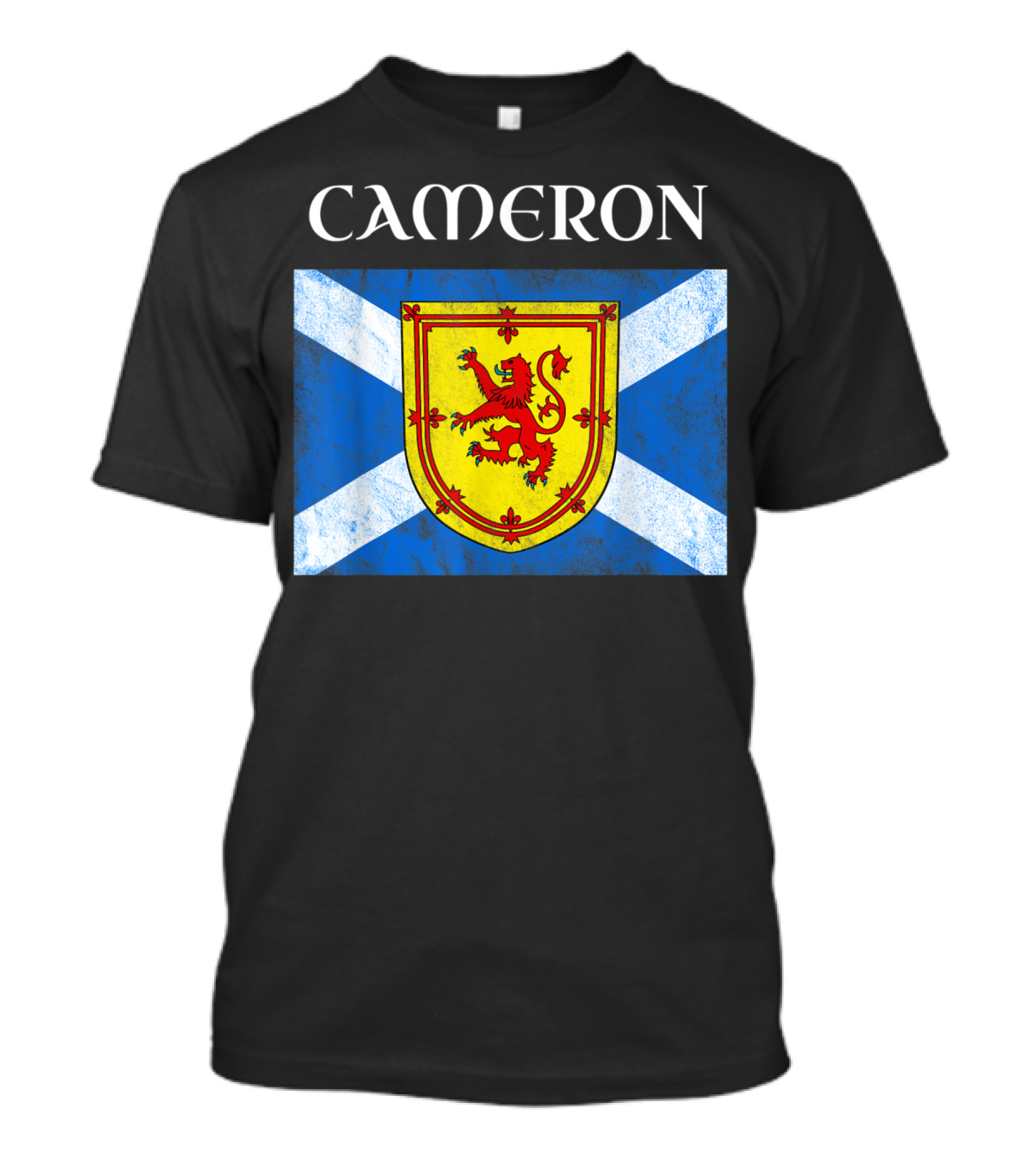 Cameron Scottish Clan Name With Scotland Flag And Lion Rampant Shield T-Shirt