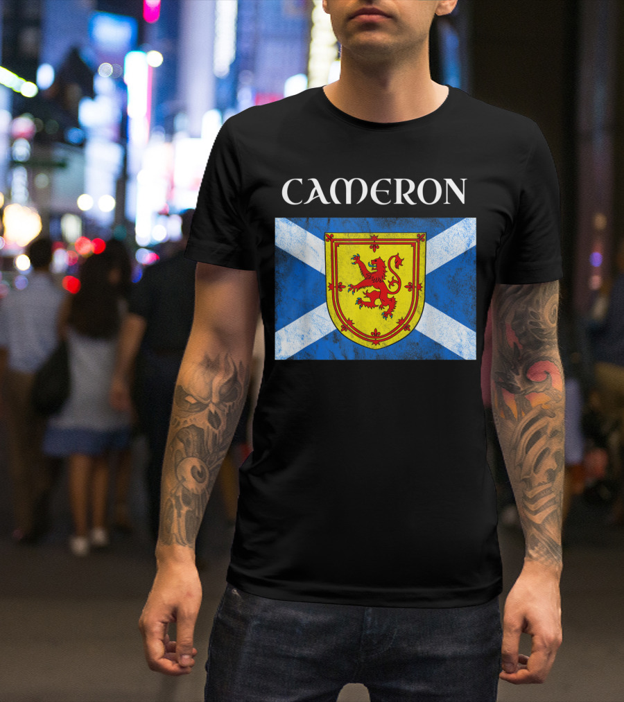 Cameron Scottish Clan Name With Scotland Flag And Lion Rampant Shield T-Shirt