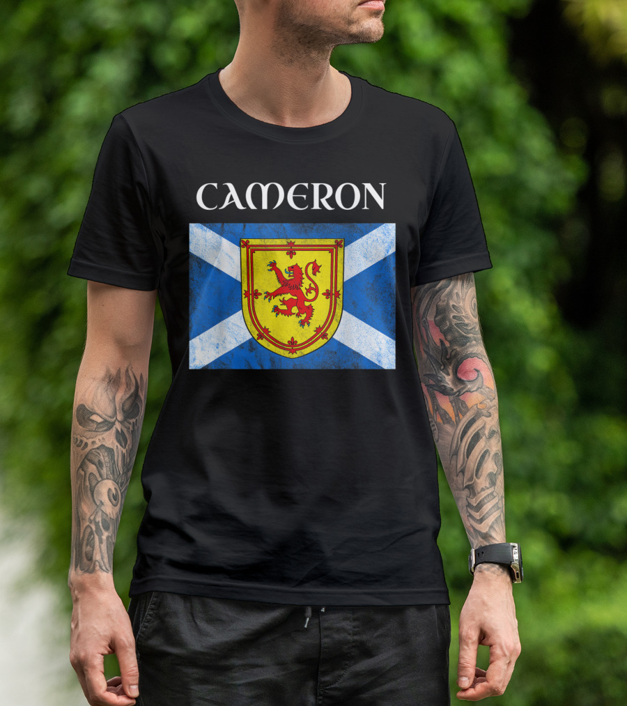 Cameron Scottish Clan Name With Scotland Flag And Lion Rampant Shield T-Shirt