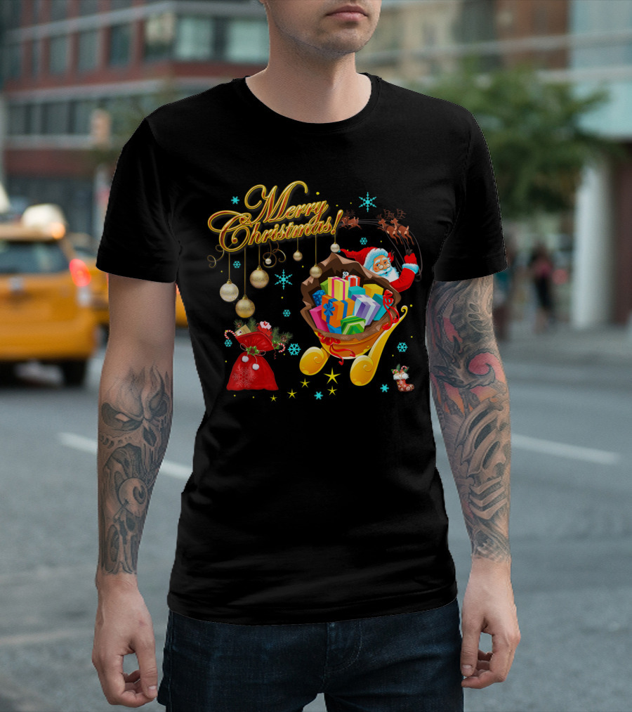 Merry Christmas Santa Claus Sleigh with Presents and Reindeer Holiday Scene T-Shirt