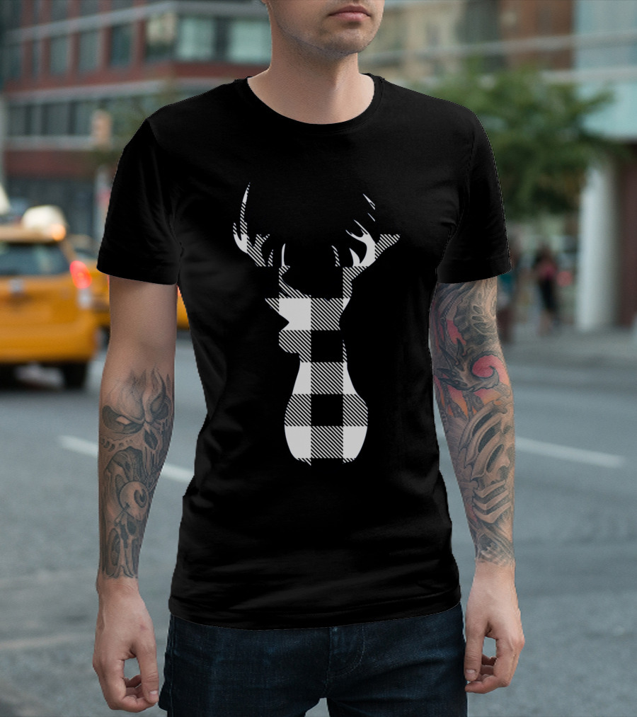 Classic White Black Christmas Buffalo Plaid Reindeer✔ T-Shirt