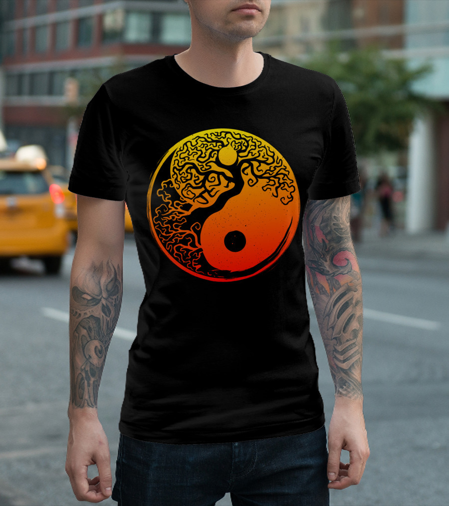 Yin Yang Bonsai Tree with Japanese Golden Sun T-Shirt