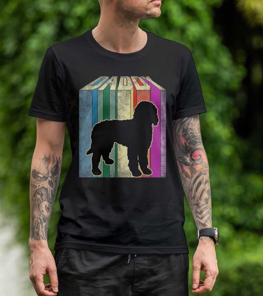 Daddy Retro Doodle Dog Silhouette Stripes T-Shirt