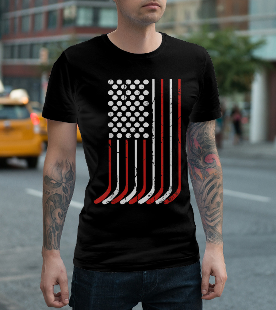 Vintage American Flag Hockey Sticks 4th July T-Shirt