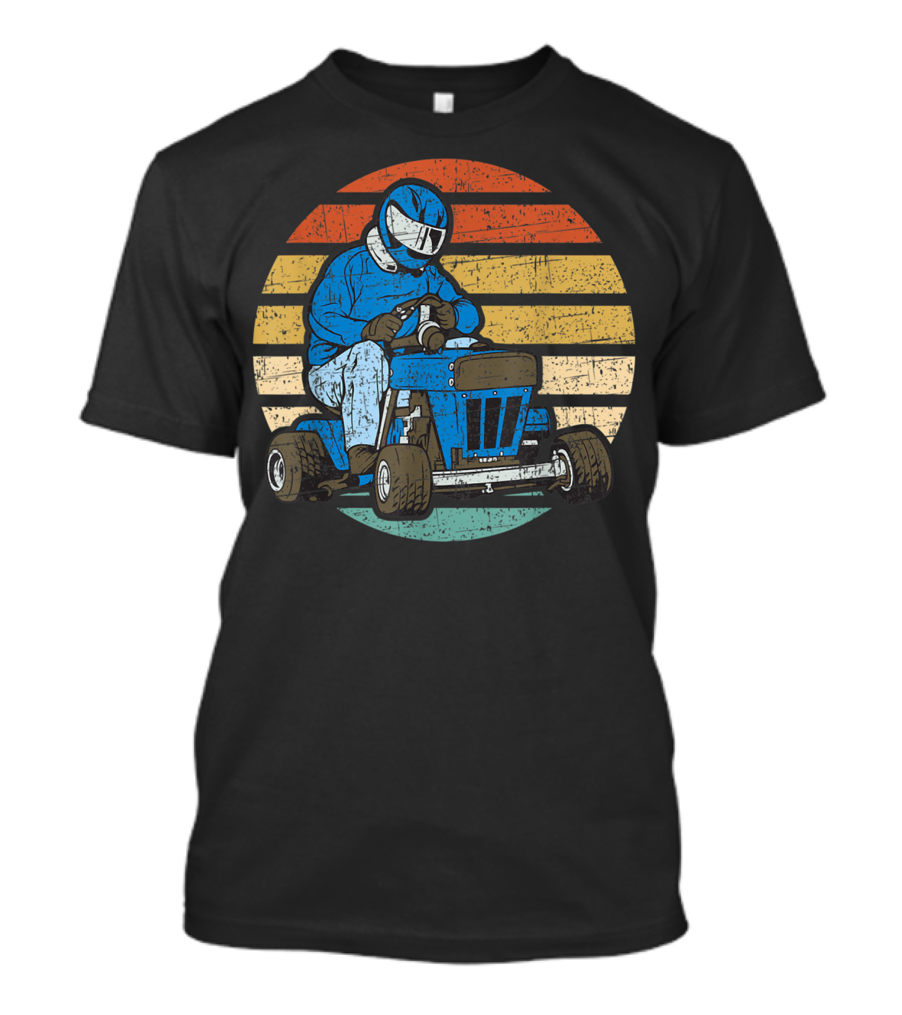Retro Racer On Classic Lawn Mower With Striped Sunset Background T-Shirt