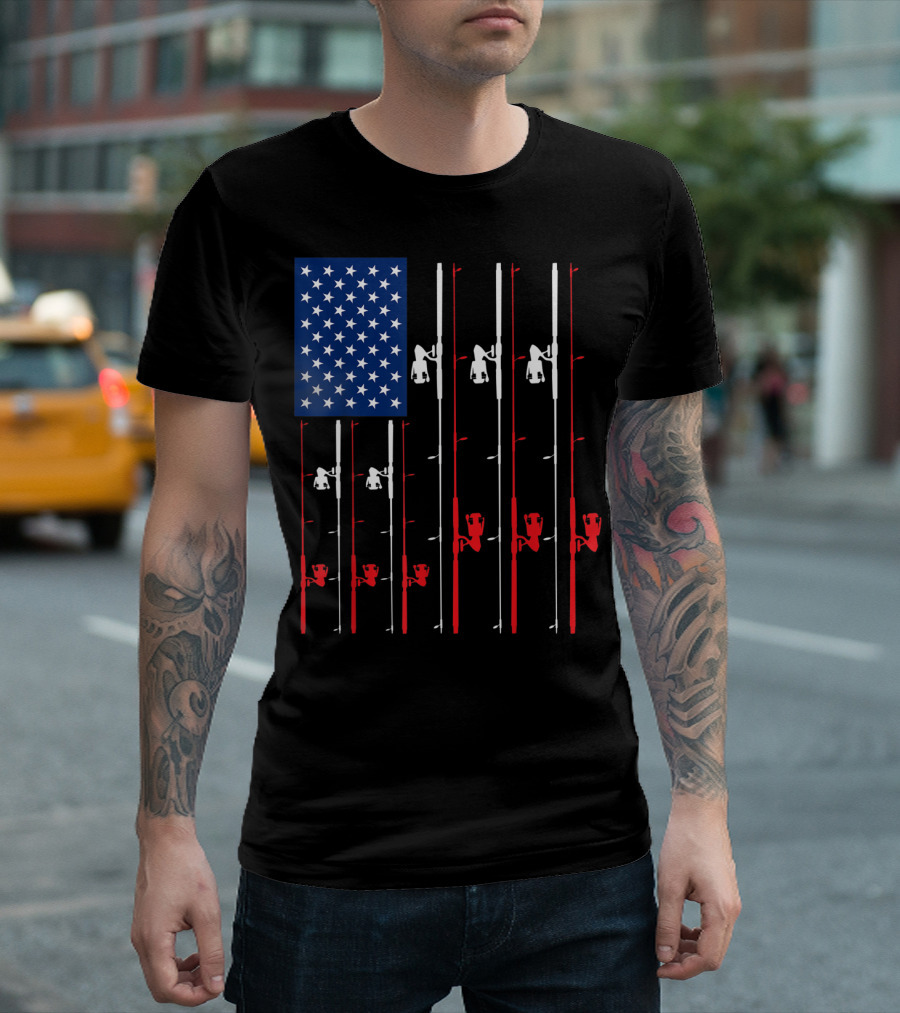 Fishing Rod American Flag Cute Fish Hunting T-Shirt