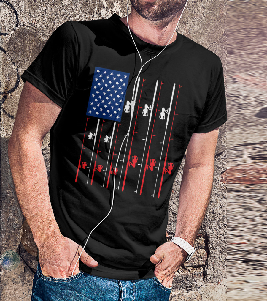 Fishing Rod American Flag Cute Fish Hunting T-Shirt