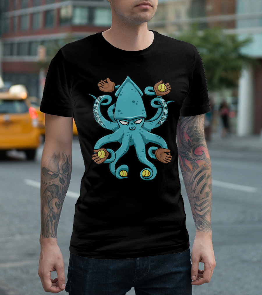 Octopus Softball Catcher Holding Gloves and Softballs T-Shirt