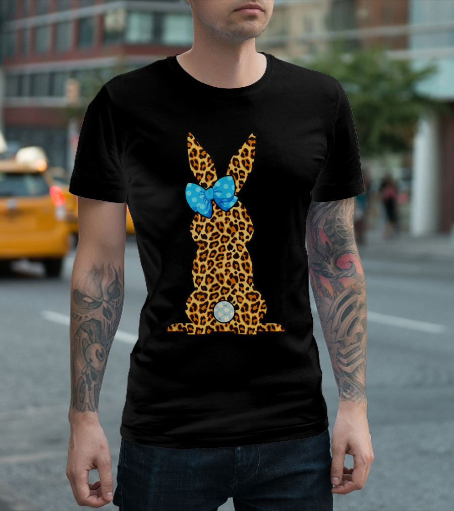 Leopard Print Bunny with Blue Bow Happy Easter Day Cute Rabbit T-Shirt
