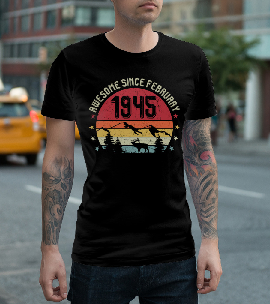 Awesome Since February 1945 Retro Sunset Deer Forest T-Shirt