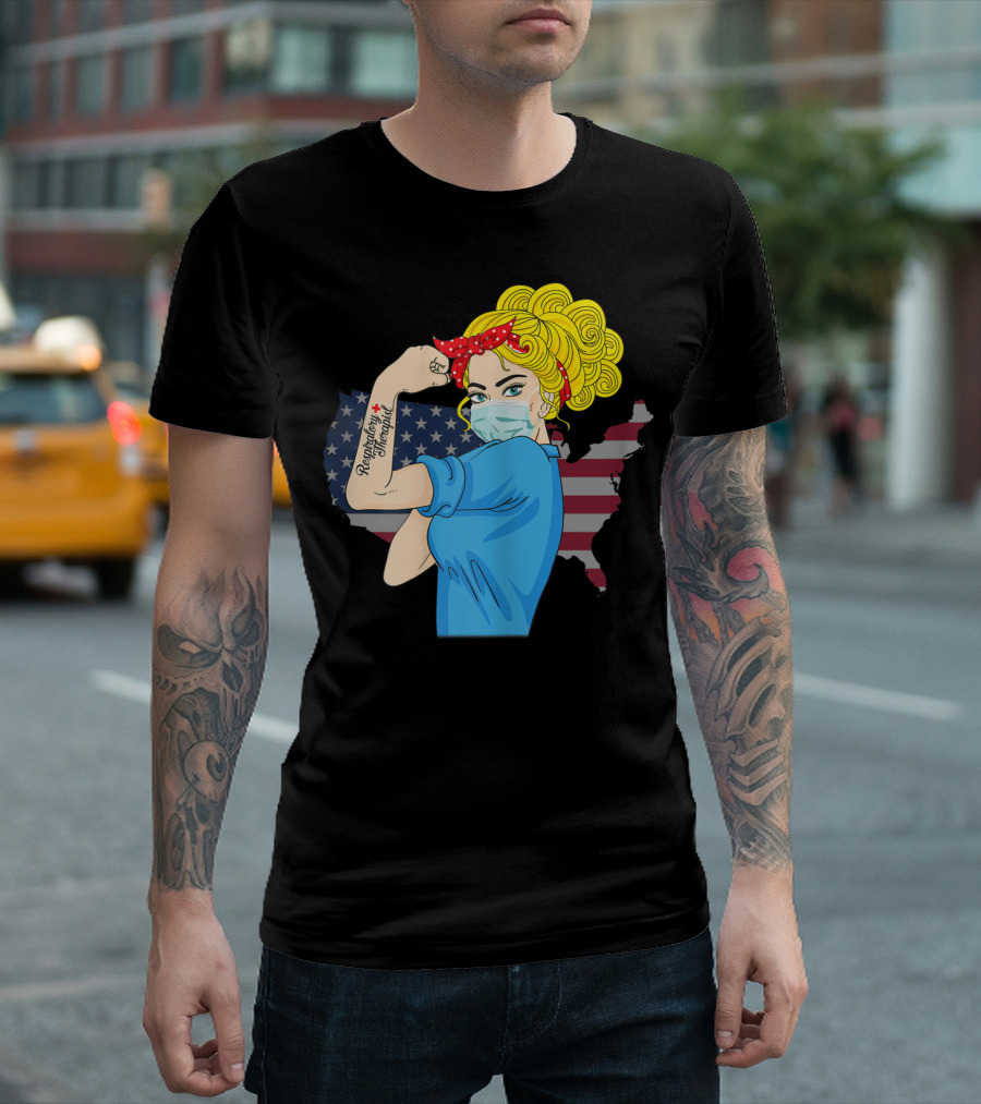 Respiratory Therapist Strong Woman Masked Icon in Blue with American Flag Background T-Shirt
