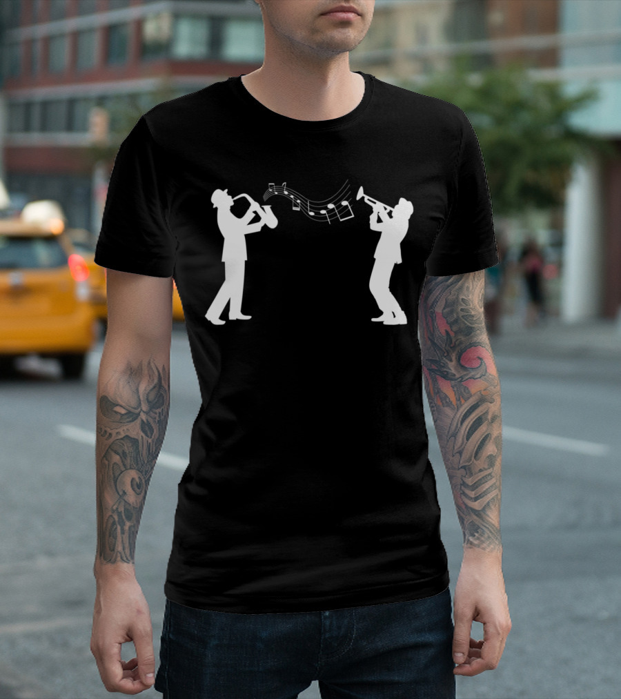Jazz Music Saxophone and Trumpet Player Silhouettes with Musical Notes T-Shirt