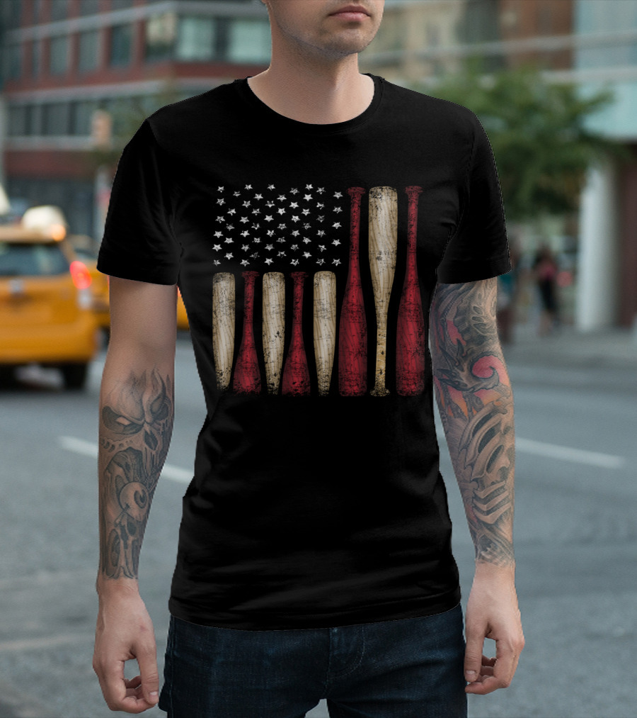 Vintage Distressed Baseball Bat American Flag Stars USA T-Shirt
