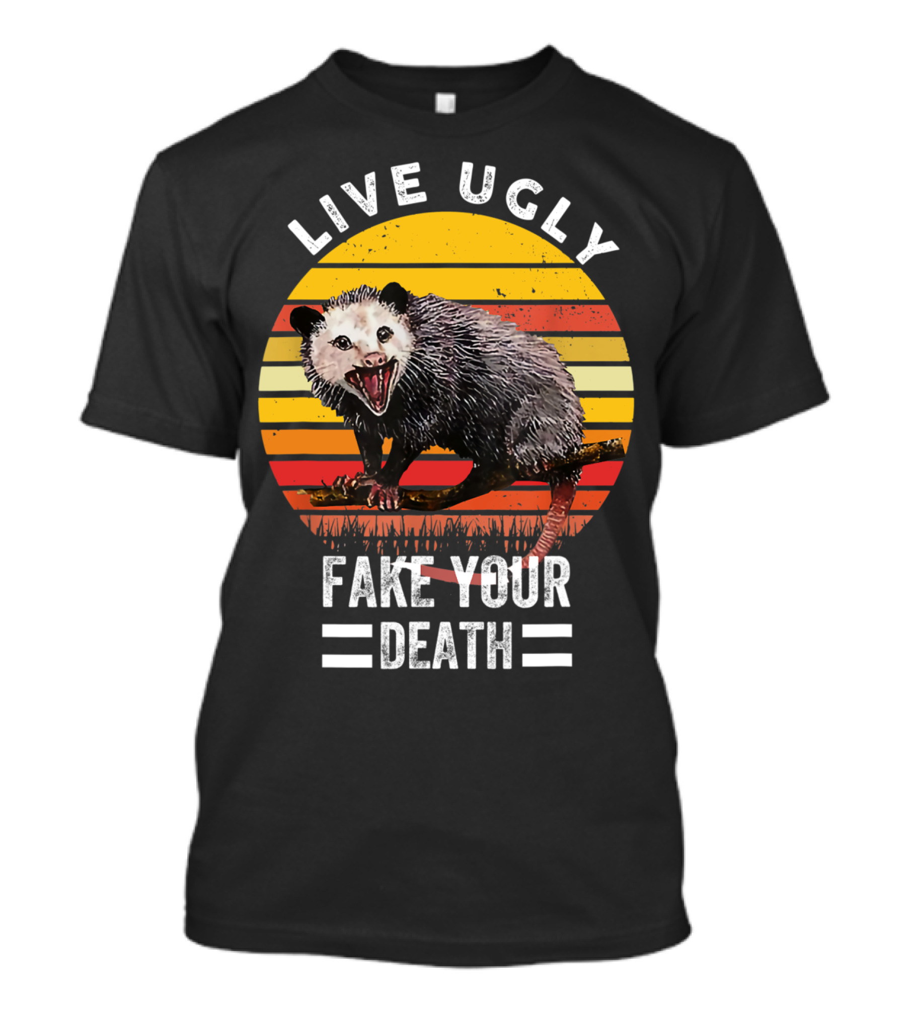 Live Ugly Fake Your Death Opossum Retro Sunset T-Shirt