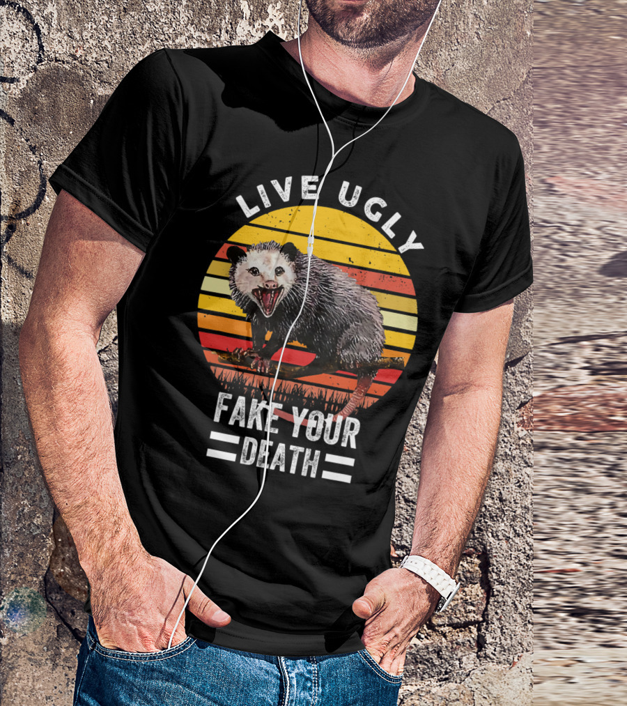 Live Ugly Fake Your Death Opossum Retro Sunset T-Shirt