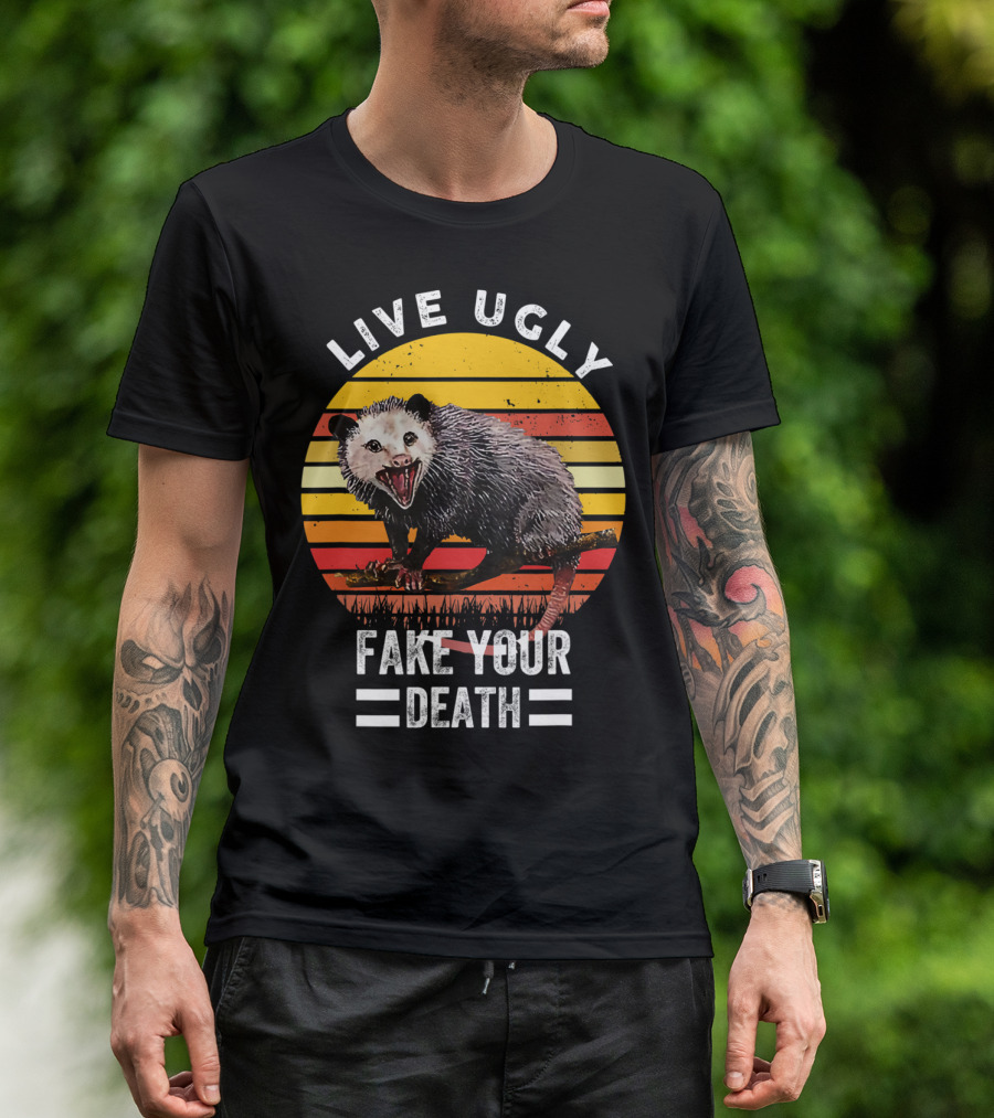 Live Ugly Fake Your Death Opossum Retro Sunset T-Shirt