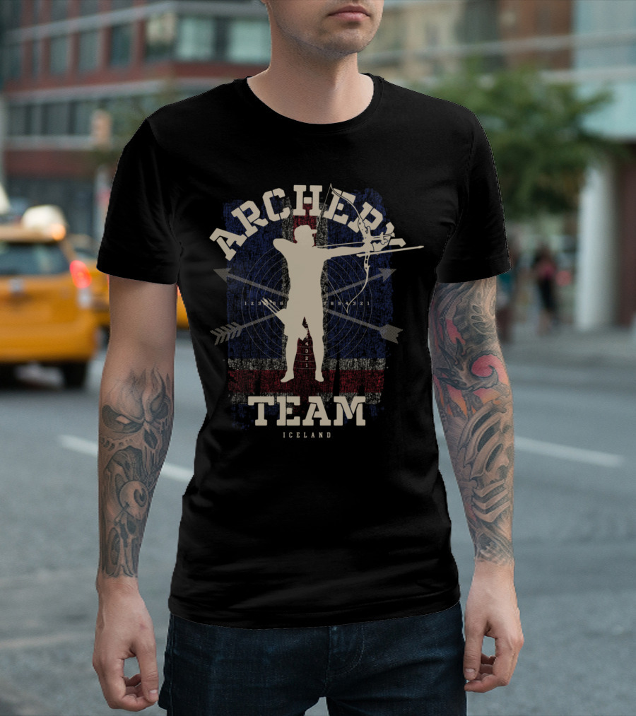 Iceland Archery Team Silhouette Over Icelandic Flag with Bow and Arrow Target T-Shirt
