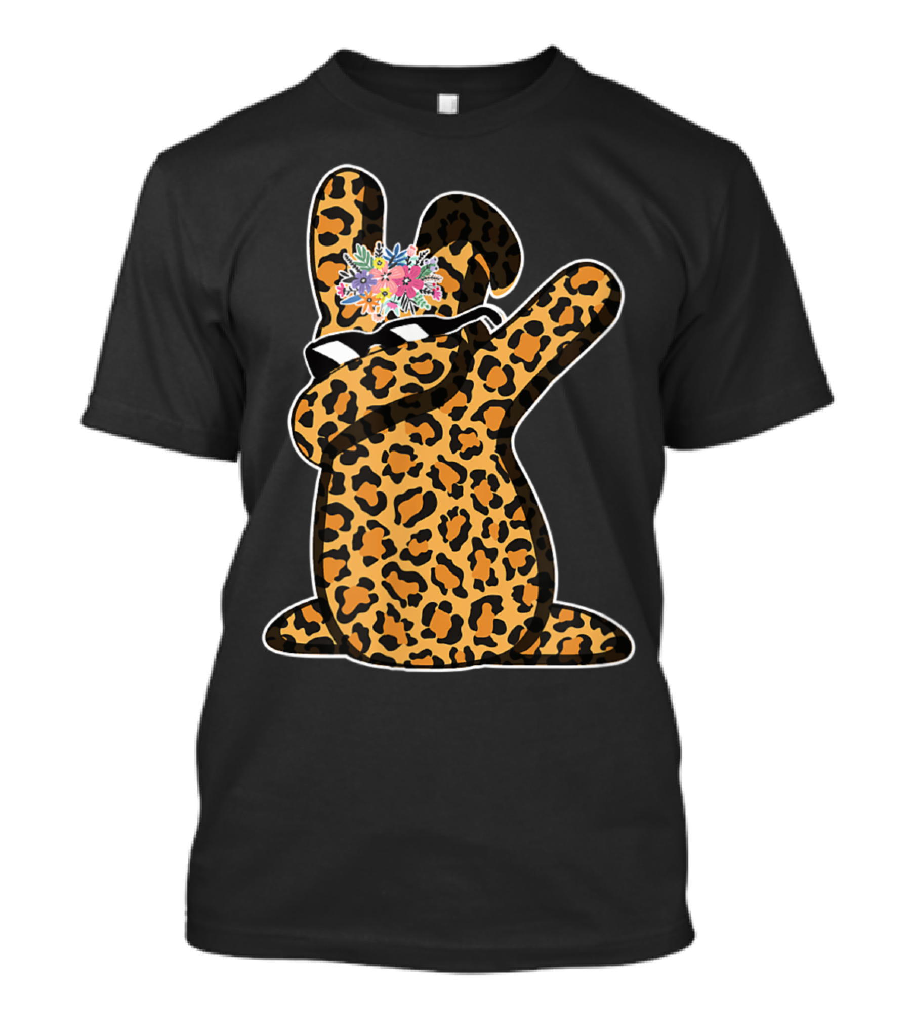 Funny Easter Leopard Bunny Dabbing With Floral Crown T-Shirt