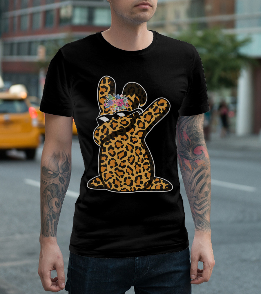 Funny Easter Leopard Bunny Dabbing With Floral Crown T-Shirt