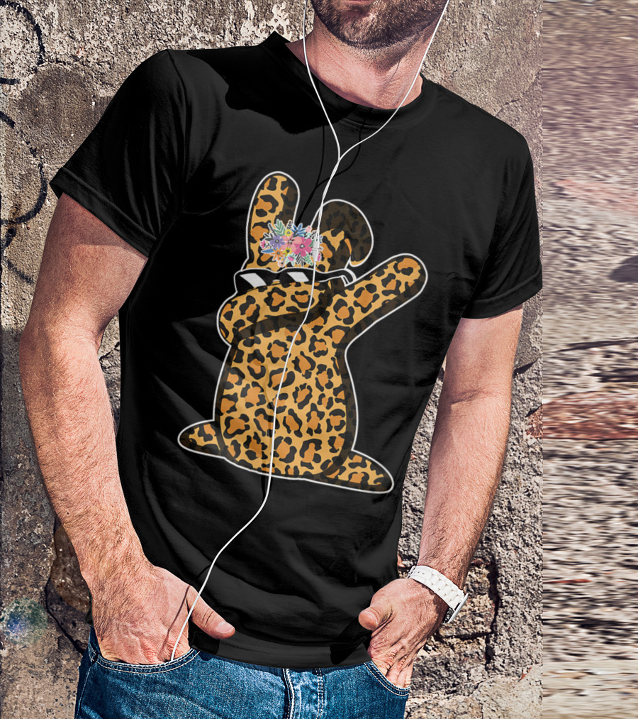 Funny Easter Leopard Bunny Dabbing With Floral Crown T-Shirt