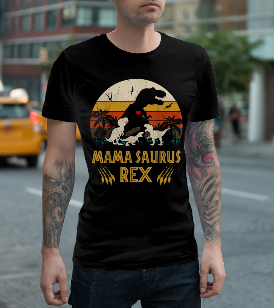 Mamasaurus Rex Dinosaur Heart Sunset With Claws T-Shirt