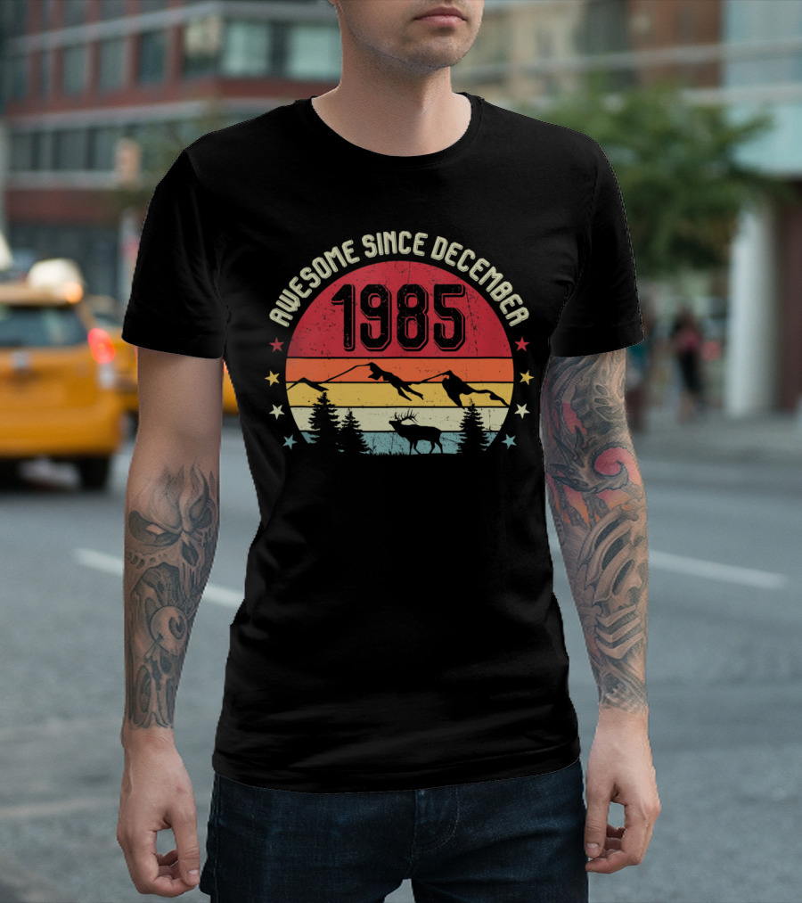 Awesome Since December 1985 Vintage Sunset with Silhouettes and Stars T-Shirt