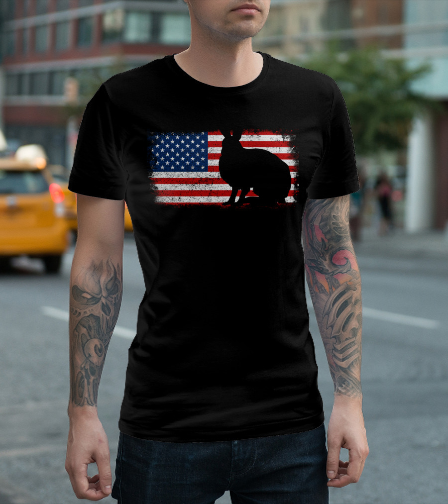 Arctic Hare Silhouette On American Flag Background T-Shirt